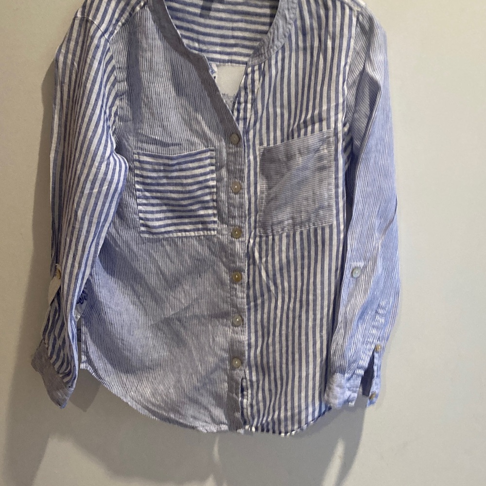 JOHN MARK Striped Button-Front shirt- Blue/White linen Medium